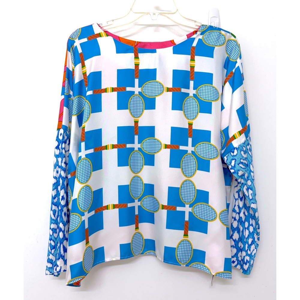 La Prestic Ouiston Janine Blue Tennis Racquet Print Silk Top Blouse Badminton 2